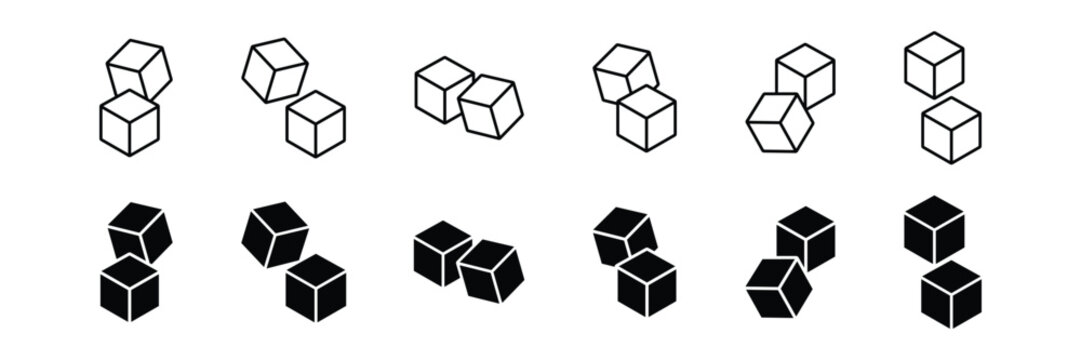 Cube icon symbol. Sugar cubes icon. Ice cube icon set. Cube vector icons. Black Cube icons.
