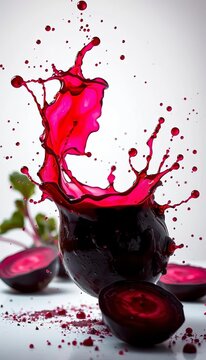 A vibrant splash of beet juice erupts, painting the air with abstract crimson trails, a dynamic, edible explosion frozen in a high-key studio with a dramatic dutch angle,  artistic,  eruption