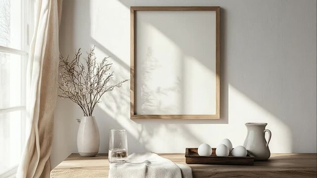 Blank wooden frame mockup on wooden table with dried flowers and eggs in morning light