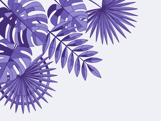Abstract Purple Tropical Leaf Background with Monstera and Palm Fronds, Modern Botanical Illustration with Copy Space © sasa