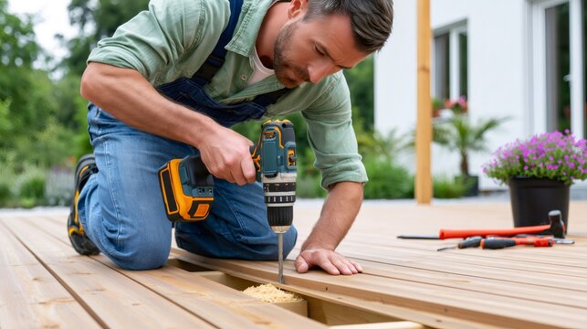 Man drilling wooden deck during home renovation