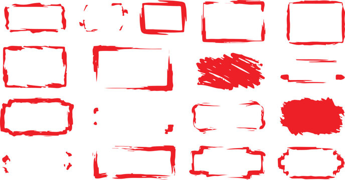 Set of Red Grunge Rectangular Frames and Hand Drawn Scribbles