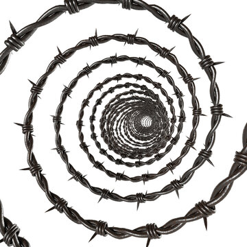 Spiral barbed wire tunnel close-up symbolizing security, danger, isolation and industrial barrier