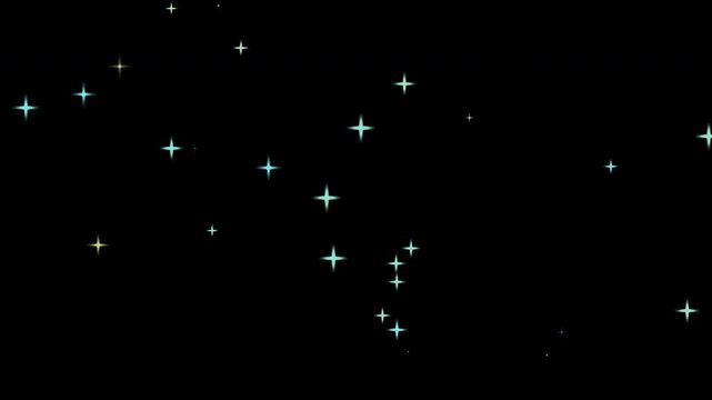 Sparkling colorful stars twinkling on a black background with alpha channel for VFX compositing and magical night sky background animation effects