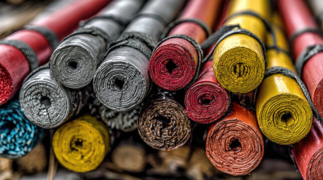 Underground utility network below city concept. Colorful rolls of material stacked together in a vibrant arrangement.