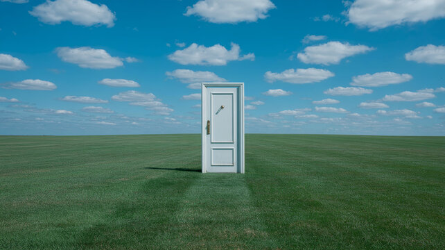 Surreal dreamcore landscape with isolated white door in endless green lawn