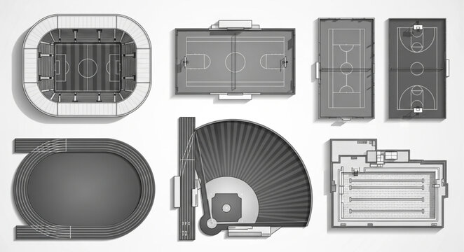 Collection of Aerial Views of Various Sports Stadiums and Fields.