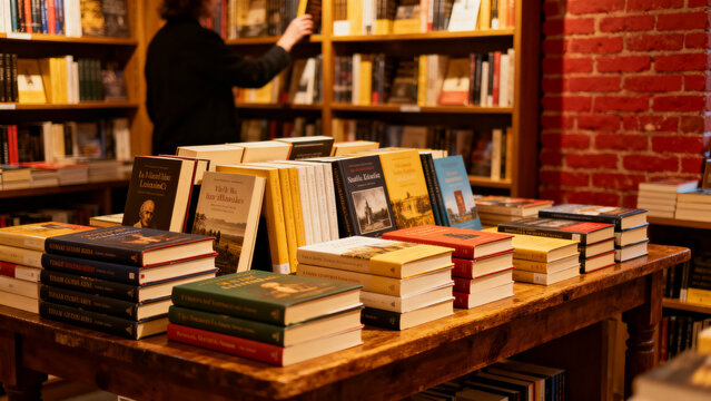 Cozy bookstore interior with a display of stacked books on a wooden table, inviting readers to explore literary treasures