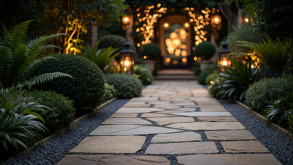 Fototapeta premium luxury garden pathway with blurred warm lights in background, cinematic bokeh, elegant landscaping composition