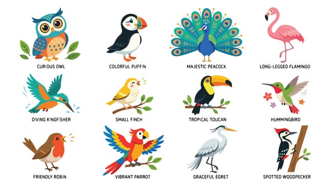 Collection of colorful illustrated birds on white background with leafy accents and descriptive labels.
