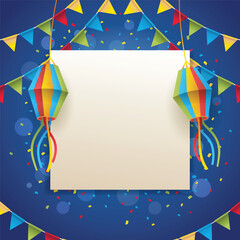 Obraz premium Festive paper lanterns and colorful bunting with blank white frame celebratory illustration high quality