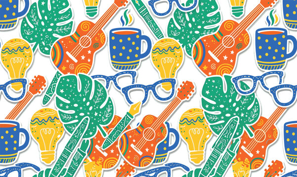 Creative seamless pattern with colorful lifestyle icons like guitar coffee mug light bulb and tropical monstera leaf stickers vector illustration