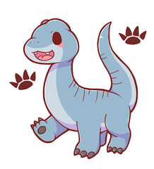 Authentic Hand Drawn Cute Brachiosaurus Dinosaur with Footprint Pattern – Kawaii Chibi Long Neck Prehistoric Animal Background Illustration © Vegeca-creppycute
