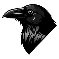 Naklejka premium Black crow and raven vector illustration featuring a wild bird head with a dark beak and wing on a white background for a nature mascot logo or tattoo symbol