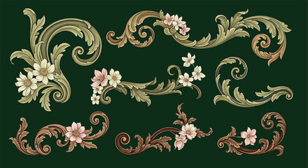 Vector set of Classical baroque vintage elements Decorative design. Vintage flourish Decorations Elements. Baroque, arabesque, Damask, victorian, floral leaf pattern, Filigree elegant ornamental © bow