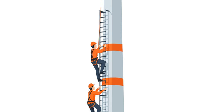 Two construction workers climbing a tall building with safety harnesses