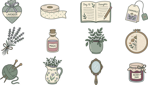 Cottagecore lifestyle hand drawn doodle icons set featuring lavender tea journal knitting and cozy home aesthetic elements collection vector illustration