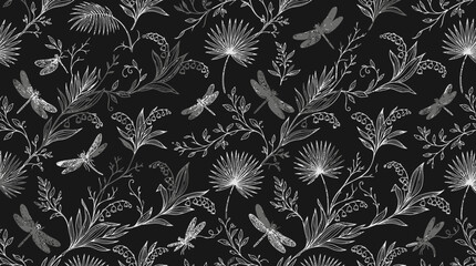 Dark botanical leaf pattern with silver silhouettes for decorative texture and seamless design. © pixmastock