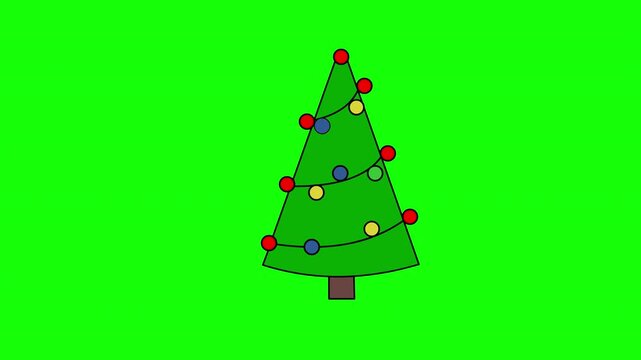 Cute decorated Christmas tree cartoon with colorful lights in simple 2D festive style