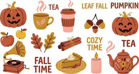 Hand drawn cozy autumn fall elements with pumpkin tea cup coffee apple cinnamon stick candle acorn and pie vector illustration © Kanon Islam