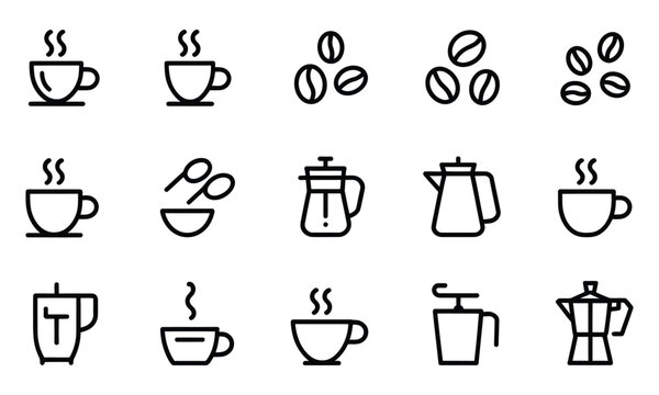 Collection of simple black line representing coffee and coffee-making