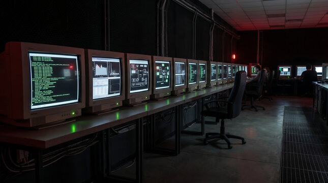 Row of vintage computer monitors displaying code in a dimly lit server room