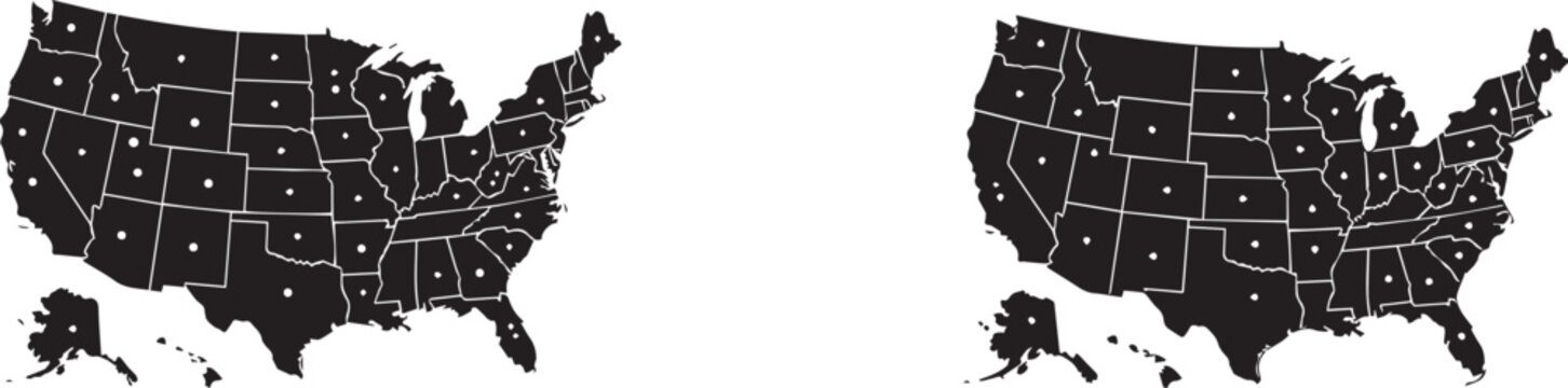United States map silhouette with state borders and capital city markers vector for geography educational design project.