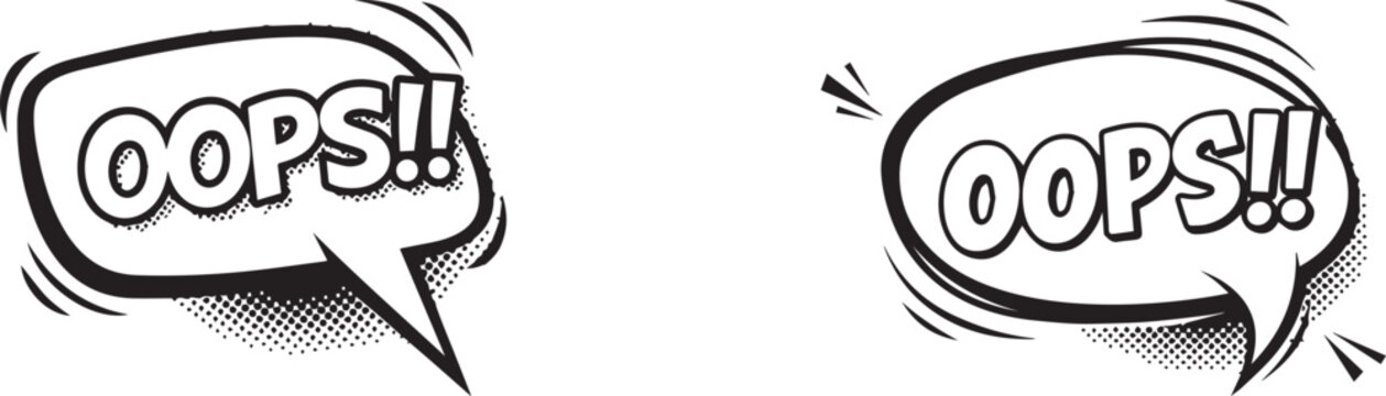 Comic speech bubbles with oops text design element for funny messages or graphic storytelling isolated on transparent background.