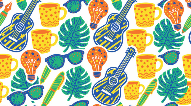 Vibrant seamless pattern with colorful guitars tropical leaves coffee mugs light bulbs sunglasses and creative stationary icons for textile design vector illustration