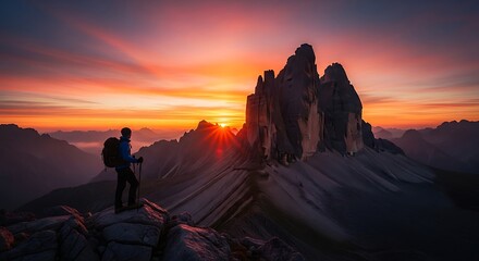 Fototapeta premium Hiker Standing on Mountain Peak at Tre Cime di Lavaredo During Sunrise