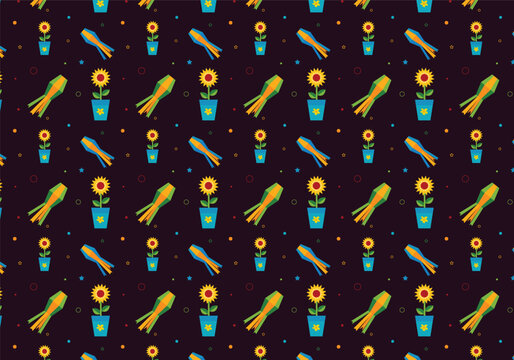 Floral and kite pattern colorful vector illustration with sunflowers and kites on a dark background