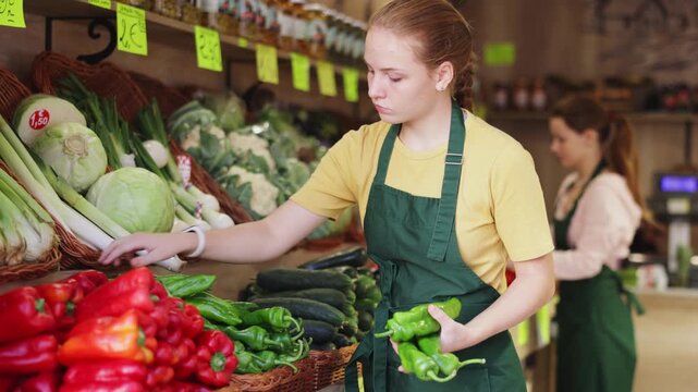 Woman vendor in a vegetable shop stands near the counter and lays out red bell peppers. High quality 4k footage