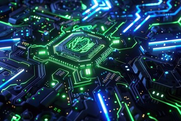 Obraz premium Futuristic AI chip with glowing circuit board design featuring neon patterns