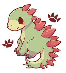 Authentic Hand Drawn Cute Stegosaurus Dinosaur with Footprint Pattern – Kawaii Chibi Plated Prehistoric Animal Background Illustration © Vegeca-creppycute