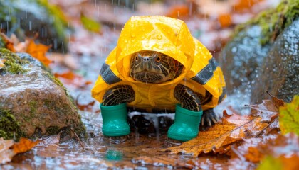 Obraz premium Turtle wearing a raincoat and boots in the rain on a rainy day in a forest setting
