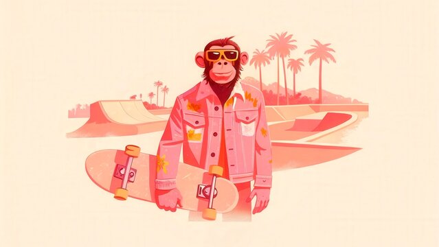Monkey with skateboard stands at skate park under palm trees in bright colors