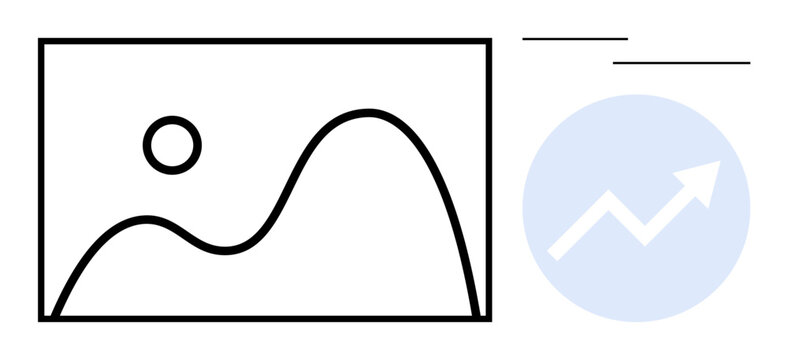 Data analytics, business growth, trending insights, performance metrics, market research, technology implementation. A wavy line in a frame with a rising trend arrow. Data analytics and business