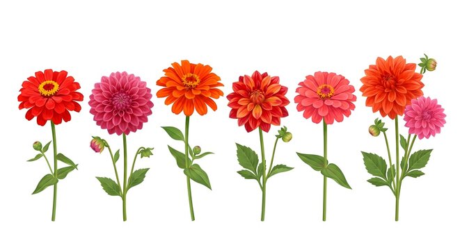 Linear Arrangement of Vibrant Red and Orange Dahlia Flowers Isolated on White Background