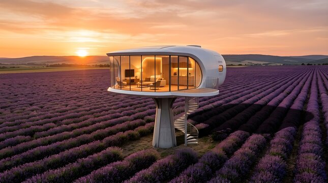 Futuristic pod dwelling situated amidst cultivated lavender fields under a warm sunset sky showcasing unique architecture and serene rural ambiance