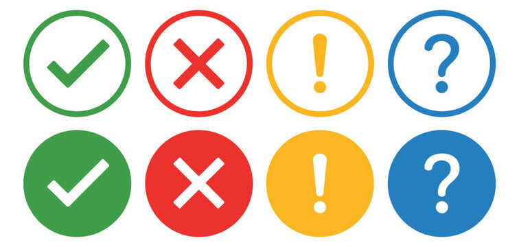Checklist icon set with true and false symbols including yes, no, tick, cross, and alert marks in colorful vector style.