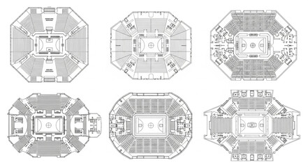 Naklejka premium Blueprint designs of various octagonal fighting arenas.