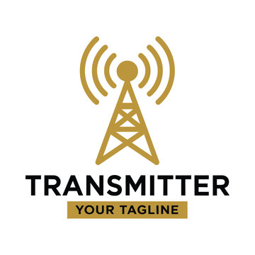 radio transmitter icon with radiating waves golden color on white background