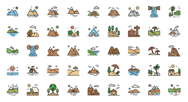 comprehensive landscape icon collection offers simple colorful symbols for mountains beaches and outdoor travel destinations.