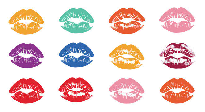 Colorful grid of twelve artistic lip prints in vibrant shades of red, pink, orange, and blue creates a bold fashion and beauty statement.