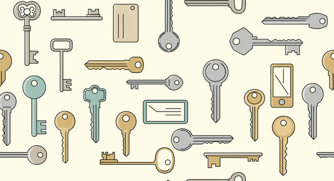 Seamless pattern or collection of various metal keys ranging from vintage skeleton keys to modern door keys on a pale cream background.