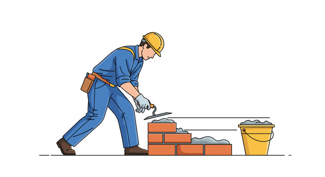Skilled bricklayer in blue overalls works carefully to build a brick wall using mortar and a trowel on a professional construction site.