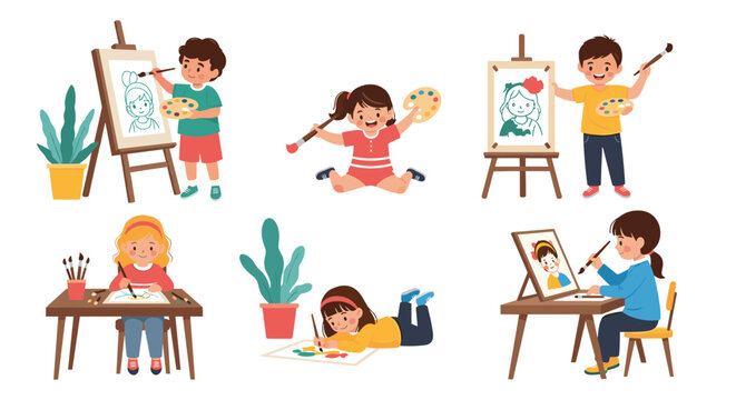 Group of creative children enjoying painting and drawing activities on wooden easels and tables in a school art class setting.