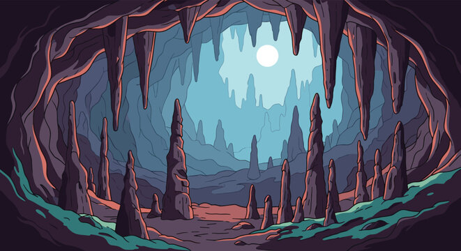 Magnificent interior view of a deep underground cave filled with sharp stalactites stalagmites and a mysterious glowing light source.