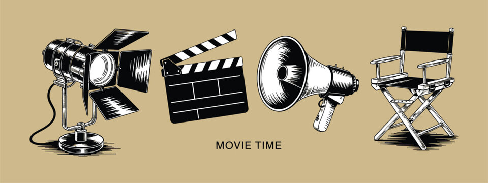 Sketch Clapperboard and Director Chair Vector Set with Megaphone, Retro Cinema Stickers and Hand Drawn Movie Night Illustration