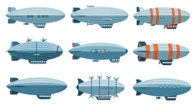 Set of different airship designs and blimps in various shapes and patterns flying in the sky for transportation and aviation concepts.